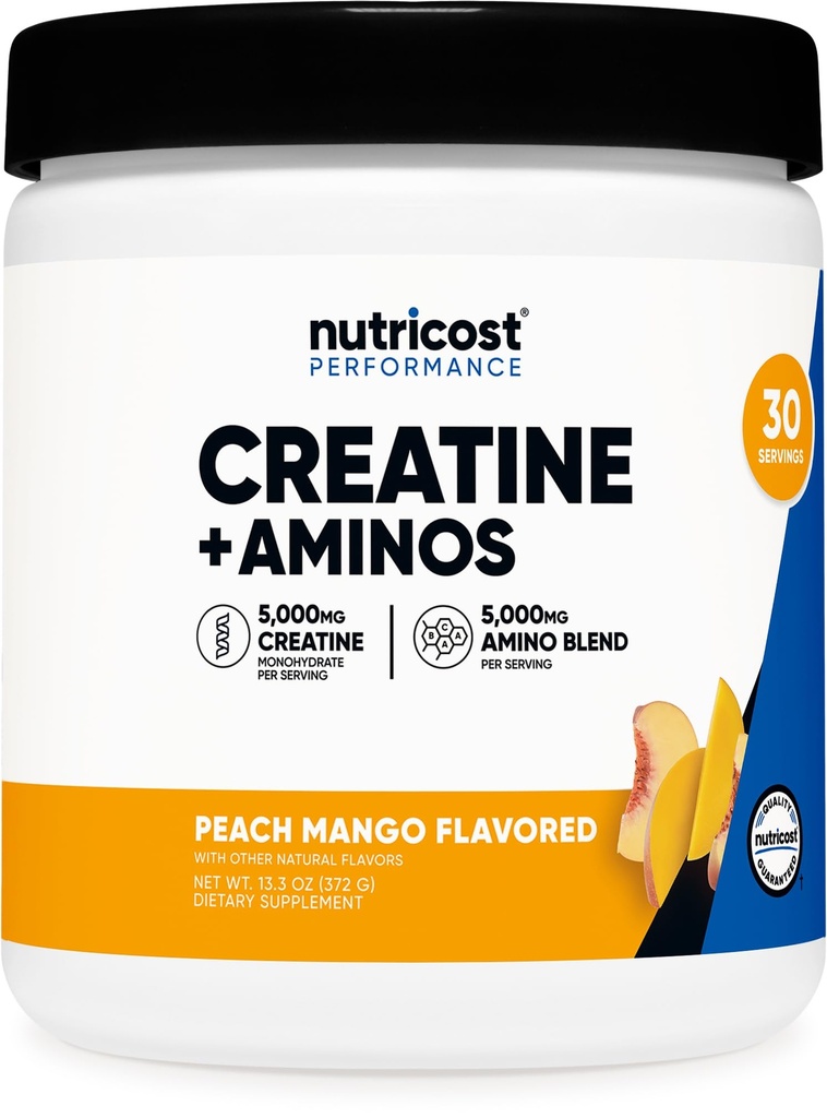 Nutricost Creatine + Aminos 30 Servings (Peach Mango Flavored) - 5,000mg Cretine Monohydrate + 5000mg Amino BCAA Blend Por Serving