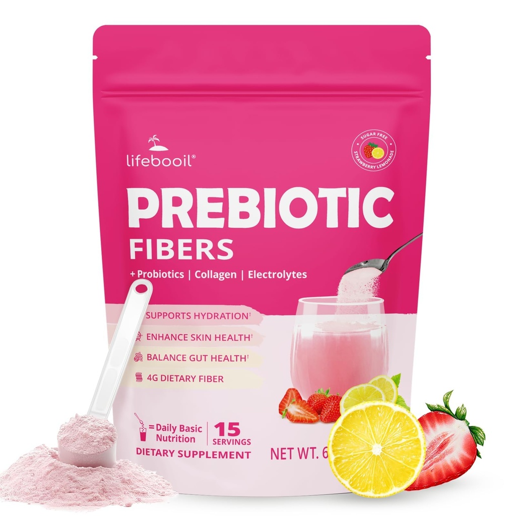 Suplemento diario de fibra para hombres y mujeres, pólvora de fibra con probióticos, colágeno " electrolitos " apoyos Digestivo " Gut Health, Bloating Relief ¦ Sugar Free, Strawberry Lemon Flavor, 15 servicios