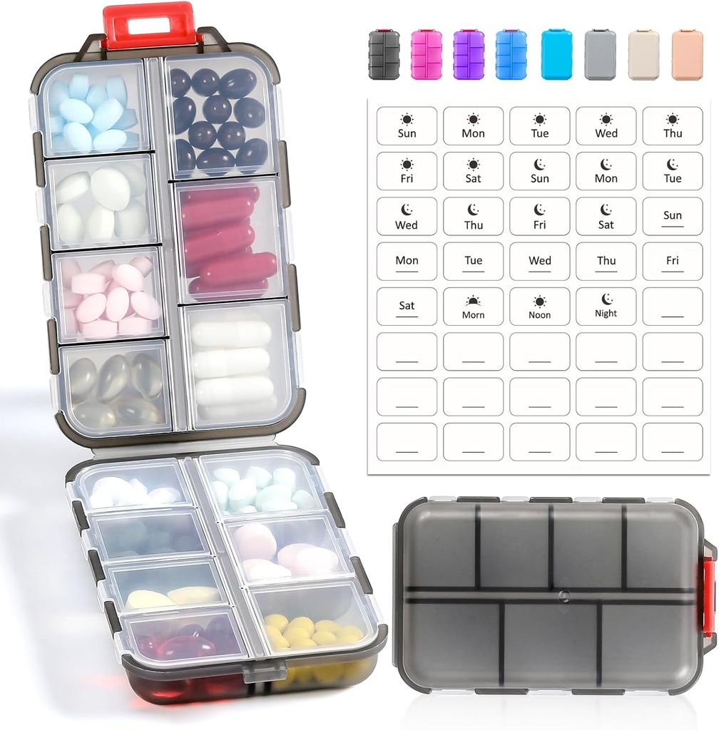 14 GRIDS Travel Pill Organizer Box with Labels - Travel Medicine Case Kit - Pocket Daily Pharmacy Container - Travel Medication Holder Dispenser for Fish Oil Vitamin Supplement Storage - Clear Gray