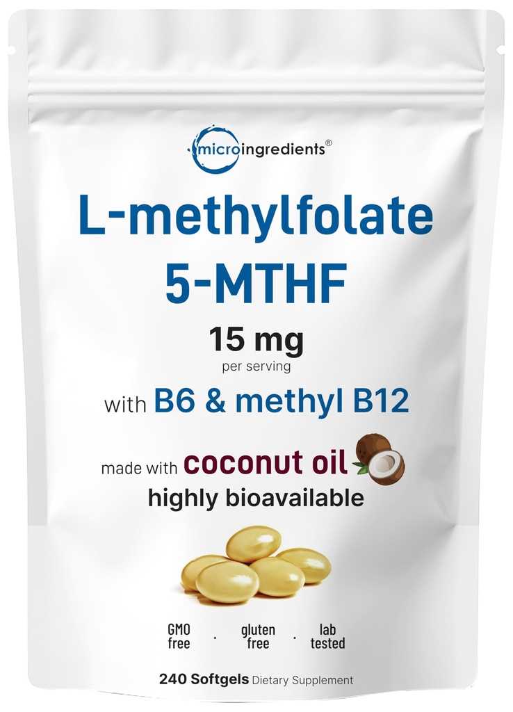 Micro Ingredientes L Methylfolate 15mg, 240 Softgels  Active 5-MTHF with B6 &amp; Methyl B12 ← Vitamina Metilada B9 with Coconut Oil
