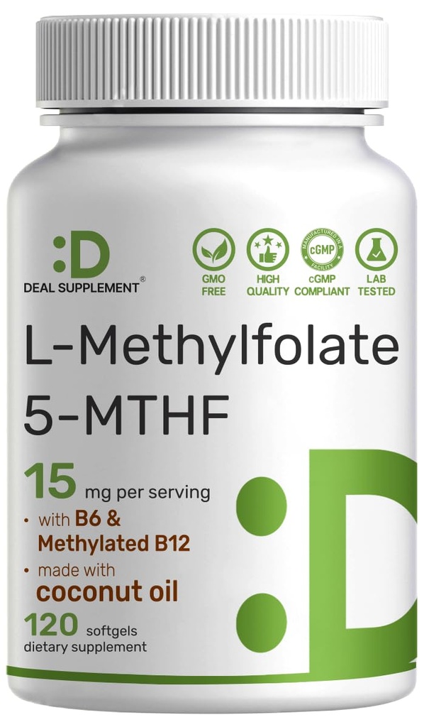 DEAL SUPPLEMENT L-Methylfolate 15 mg Por Serving, 120 Coconut Oil Softgels  3-in-1 with Active 5-MTHF Methylated Vitamin B9, B6 &amp; Methylated B12 ← Active Folate Supplement ← Non-GMO, Gluten Free