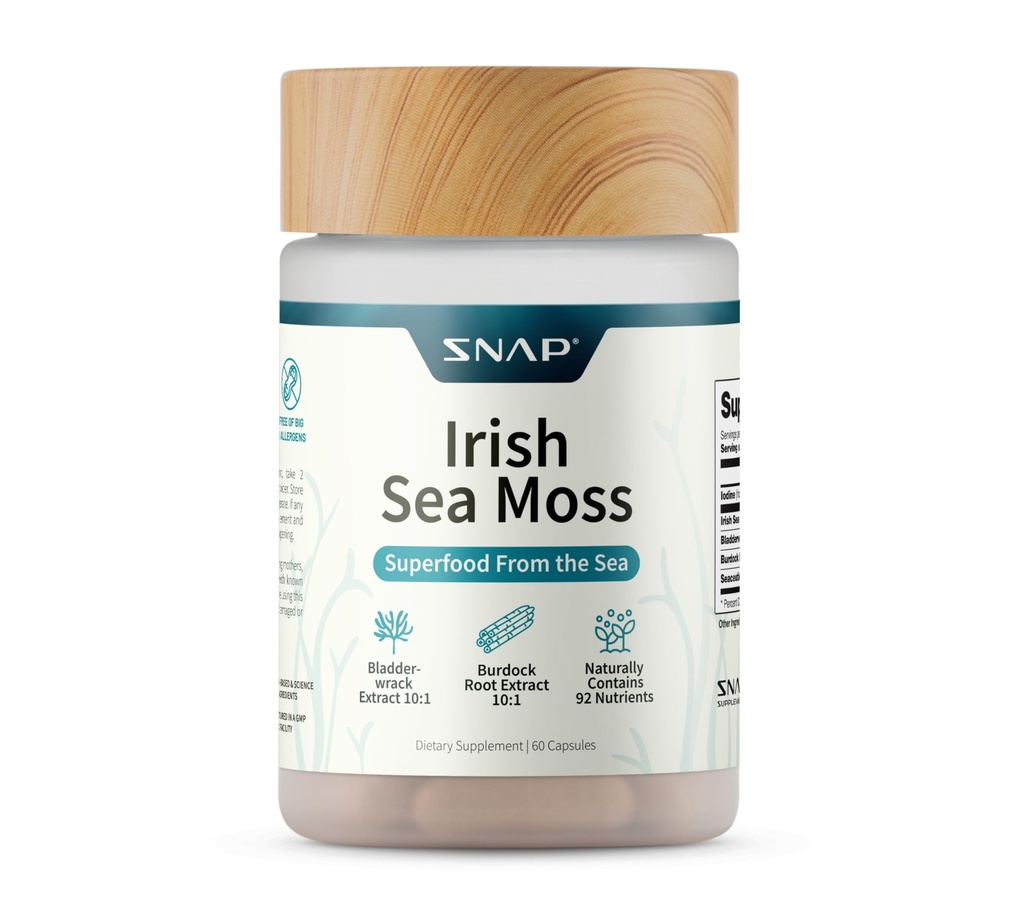 Snap Supplements Irish Sea Moss with Bladderwrack, Burdock Root & Iodine – Natural Sea Moss Supplement to Support Gut Health, Energy & Healthy-Looking Skin, 60 Vegan Capsules (1 Month Supply)