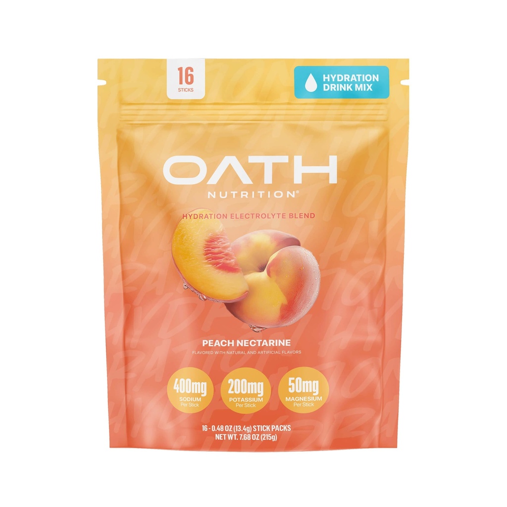 Oath Nutrition Hydration Electrolyte Powder, Electrolyte Blend completo para la hidratación rápida y el apoyo muscular, 16 Packets de una sola talla, Peach Nectarine