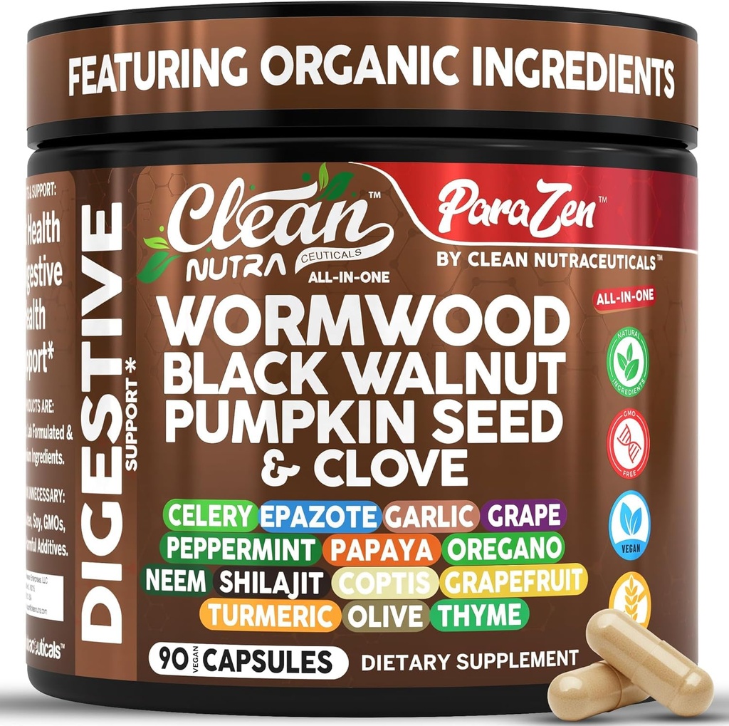 Limpio Nutra Wormwood Black Walnut Pumpkin Seed Clove Oil Celery Ajo Grape Papaya Neem Diatomaceous Earth Womens Probiotic Gut Health Cleanse Detox Oregano Olive Turmeric Suplemento Vegan Capsules