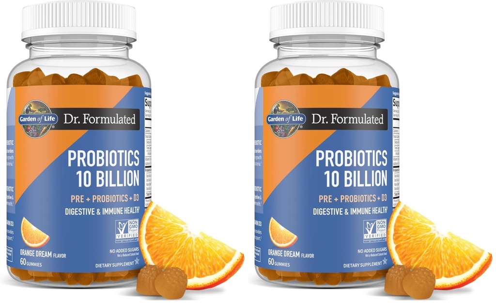 Garden of Life Dr Formulated 10 Billion CFU Prebiotic Fiber&Probiotic Gummies-Vitamin D3 for Digestive and Immune Health – Gluten Free,Non GMO,No Added Sugar,Orange Dream Flavor,60 Gummies(Pack of 2)