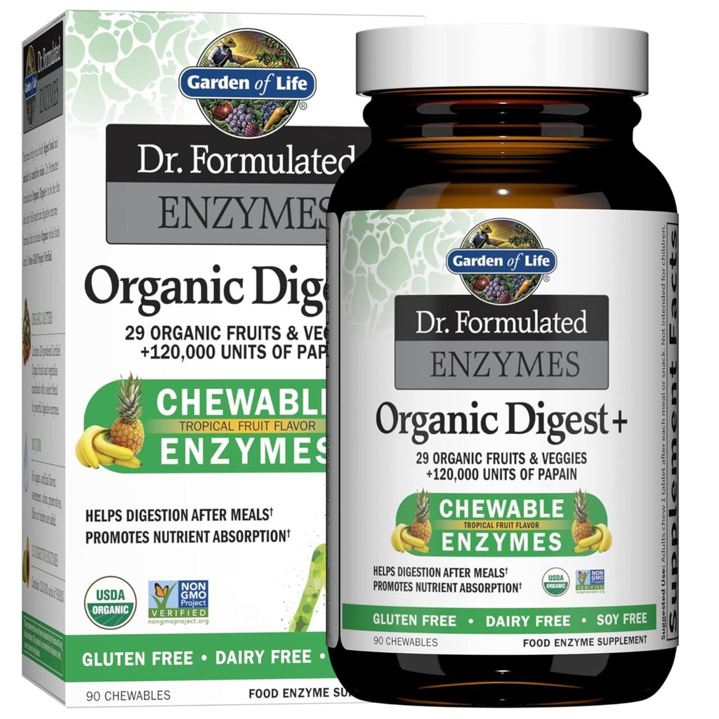 Garden of Life Digestive Enzymes with Papain, Bromelain and Lipase for Nutrient Absorption and Digestion Support, Tropical Fruit Flavor, Dietary Supplement, Certified Vegan, 90 Chewables (Pack of 6)