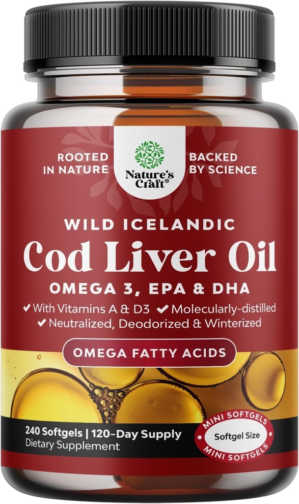 Icelandic Wild Caught Cod Liver Oil Softgels - Fish Omega 3, EPA, DHA, Vitamin D & A, 1000mg Per Serving - Burpless Capsules for Healthy Heart, Healthy Joints, Brain & Immune Support - 240 Count