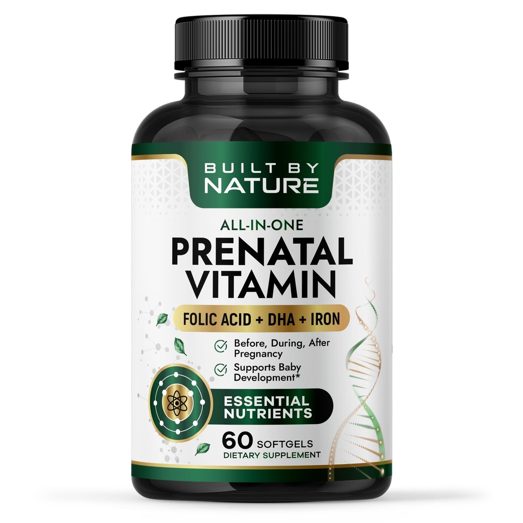 Built by Nature Prenatal Vitamins for Women – Prenatal Vitamin with DHA, Iron & Folic Acid – Prenatal Multivitamin Softgels – Pregnancy Vitamins for Women – 60 Softgels