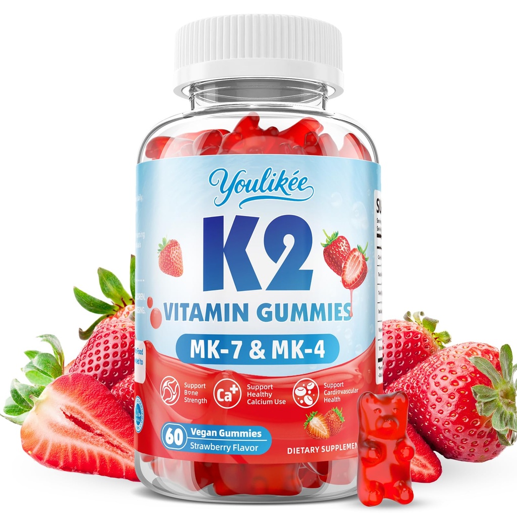 Vitamin K2 Gummies, Dual Formula Vitamin K2 Supplement with MK-7 & MK-4, Supports Bone Health, Gluten-Free, Sugar-Free, Non-GMO, Strawberry Flavor, 60 Gummies