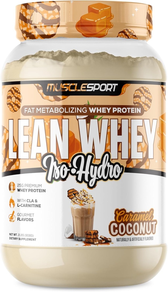 Musclesport Lean Whey RevolutionTM Protein Powder - Whey Protein Isolate - Baja Calorie, Baja Carb, Bajo Gordo, Sabores Increíbles - 25g Proteína por Scoop (2LB, Coconut Caramel)