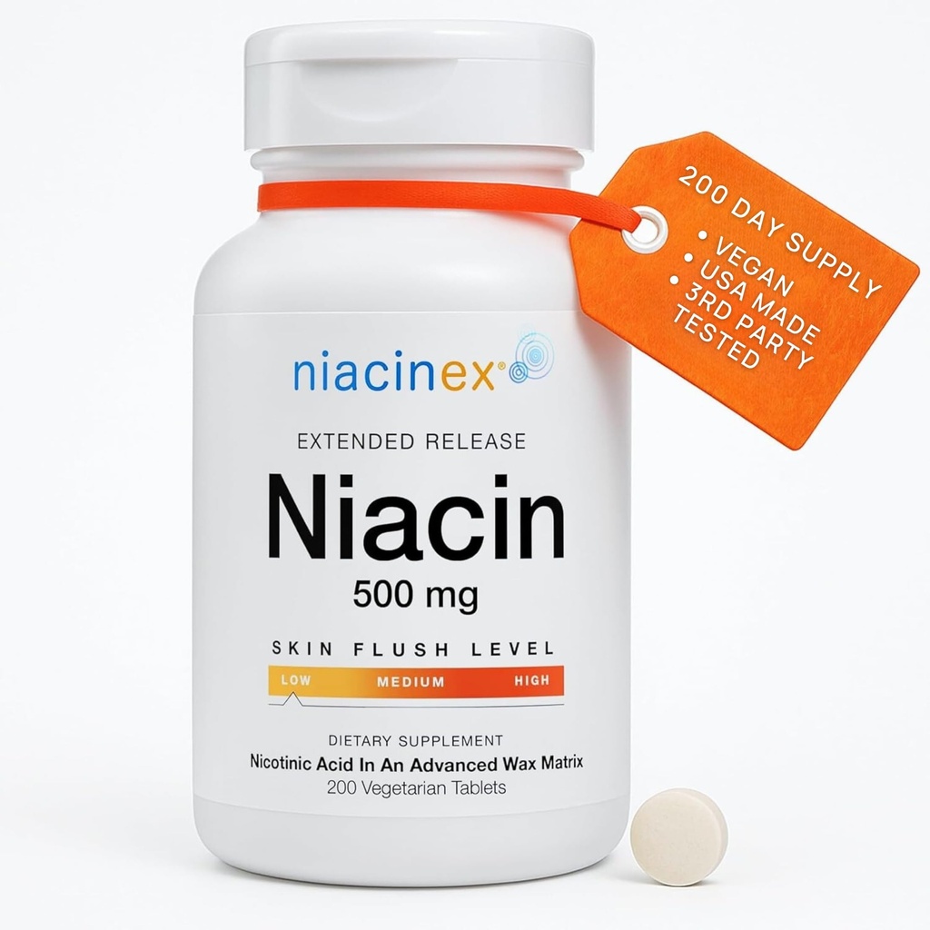 Niacin 500mg Extended Time Release, 200 Tablets, Minimal to No-Flush, Vitamin B3 Supplement - Cholesterol Balance, Nicotinic Acid Vegan, cGMP, made in the USA