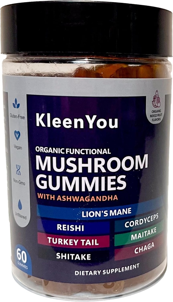 Lion's Mane & Ashwagandha Supplement Gummies - Comprehensive Mushroom Supplement for Cognitive & Immune Support, Vegan Blend with Reishi, Cordyceps - Low Carb, 60 Organic Mushroom Gummies