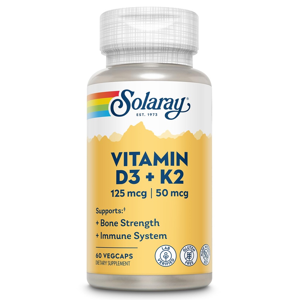 SOLARAY Vitamina D3 K2 - Bone Health and Immune Support Supplement - with 5000 IU Vitamin D as VIT D3 and 50 mcg Vitamin K2 as Menoquinone MK7, Made Without Soy, 60-Day Guarantee, 60 Serv, 60 VegCaps