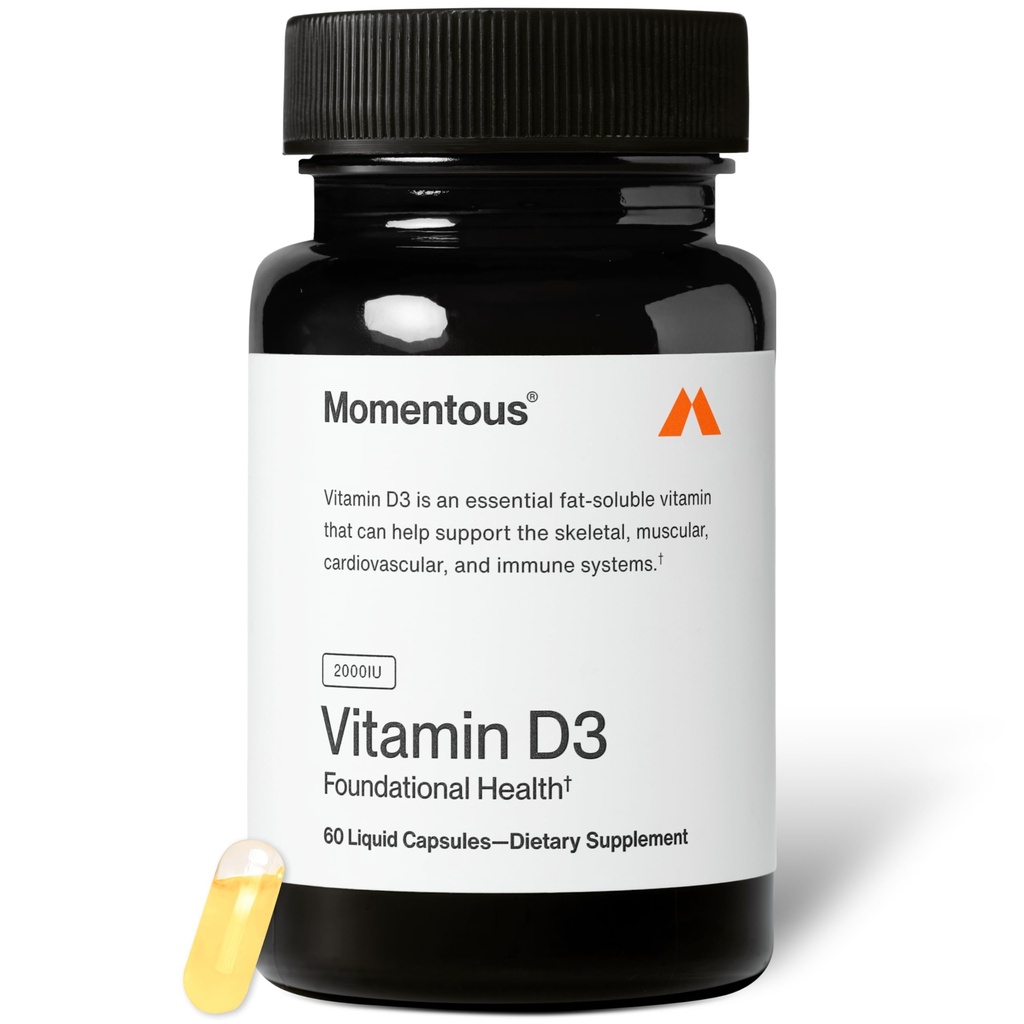Momentous Vitamin D3 Supplement, 2,000 IU Capsules, 50mcg per Serving