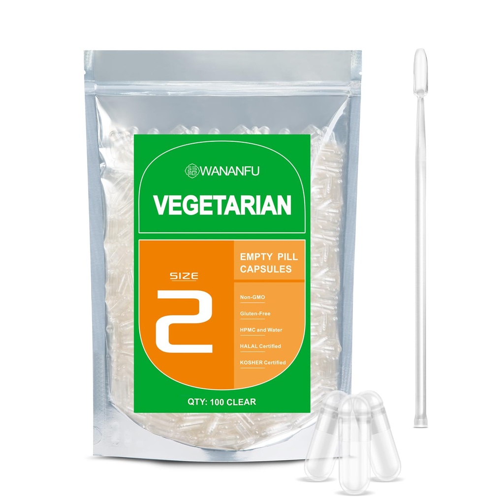 wananfu Tamaño 2 Empty Capsules Vegetariano (100 Conde) Agrupo con 2 cucharas de laboratorio, Cuchara de verduras limpias Tamaño 2 para hacer sus propios suplementos