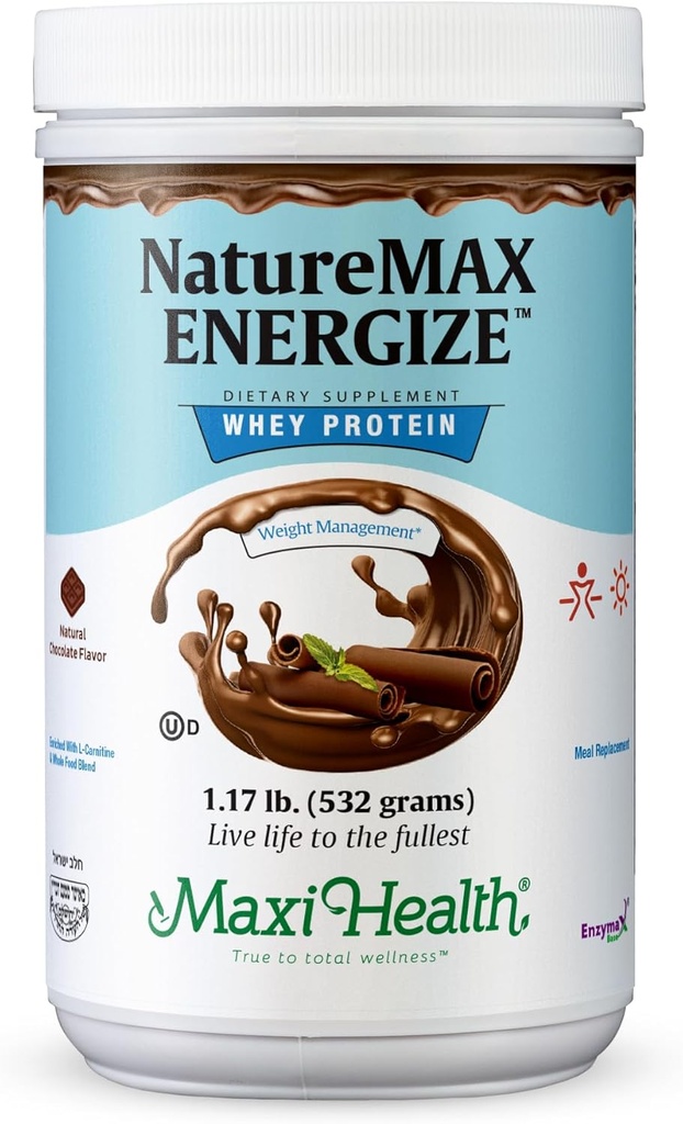 NatureMax EnergizeTM Whey Protein Powder- Energy Support Meal Replacement - 20g Protein Por Serving - Natural Chocolate Flavor - Kosher Dairy Vitamin - 1.17lb