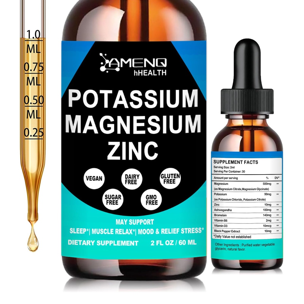 Potassium Magnesium Supplement Liquid Drops Plus Zinc, Ashwagandha, Bromelain and Vitamin D3 & B6 Support Vascular, Bone, Muscle & Nerve Health, Non-GMO, Vegan, Magnesium Glycinate and Potassium