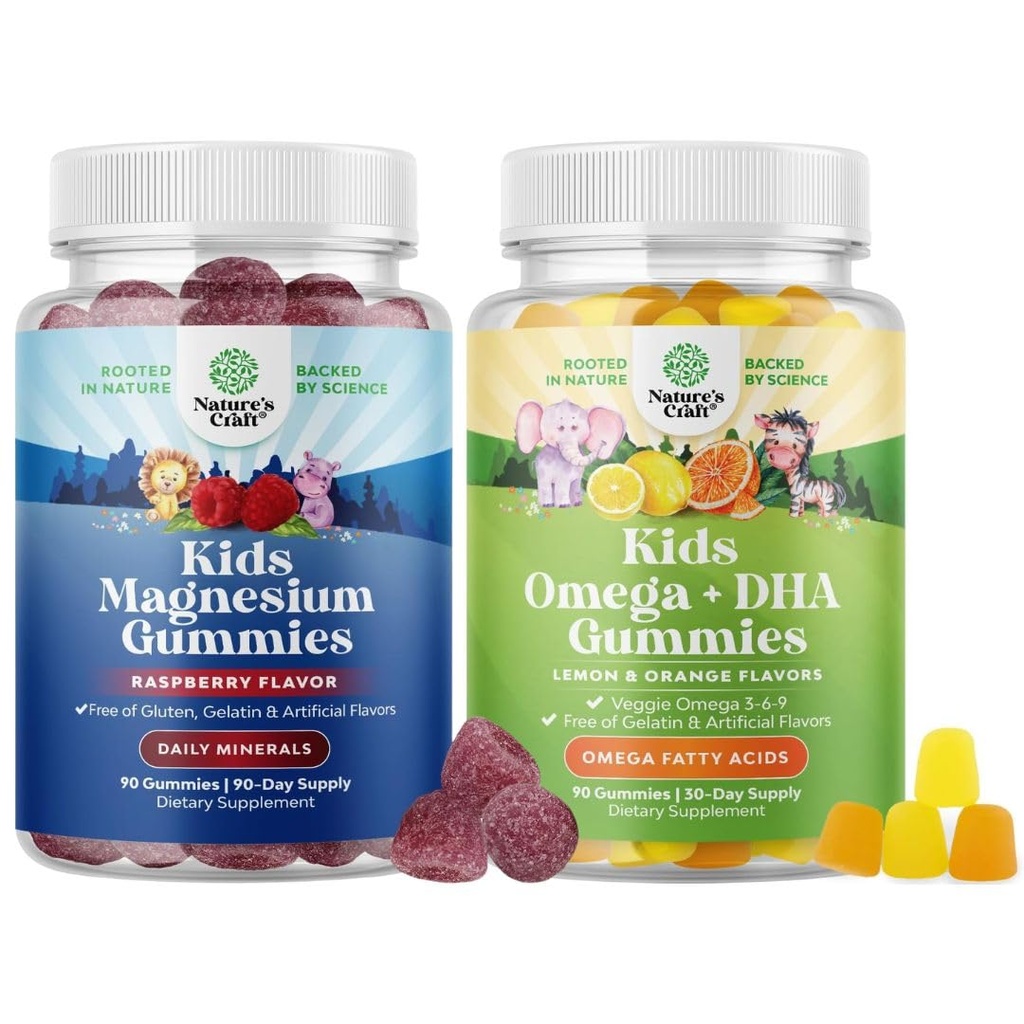 Bundle of Kids Calm Magnesium - Gummies for Nerve Bone and Muscle Health and Kids DHA - Omega 3 Gummies with Vegetarian Omega 3 6 9 for Vision Brain & Immunity - 90 Count