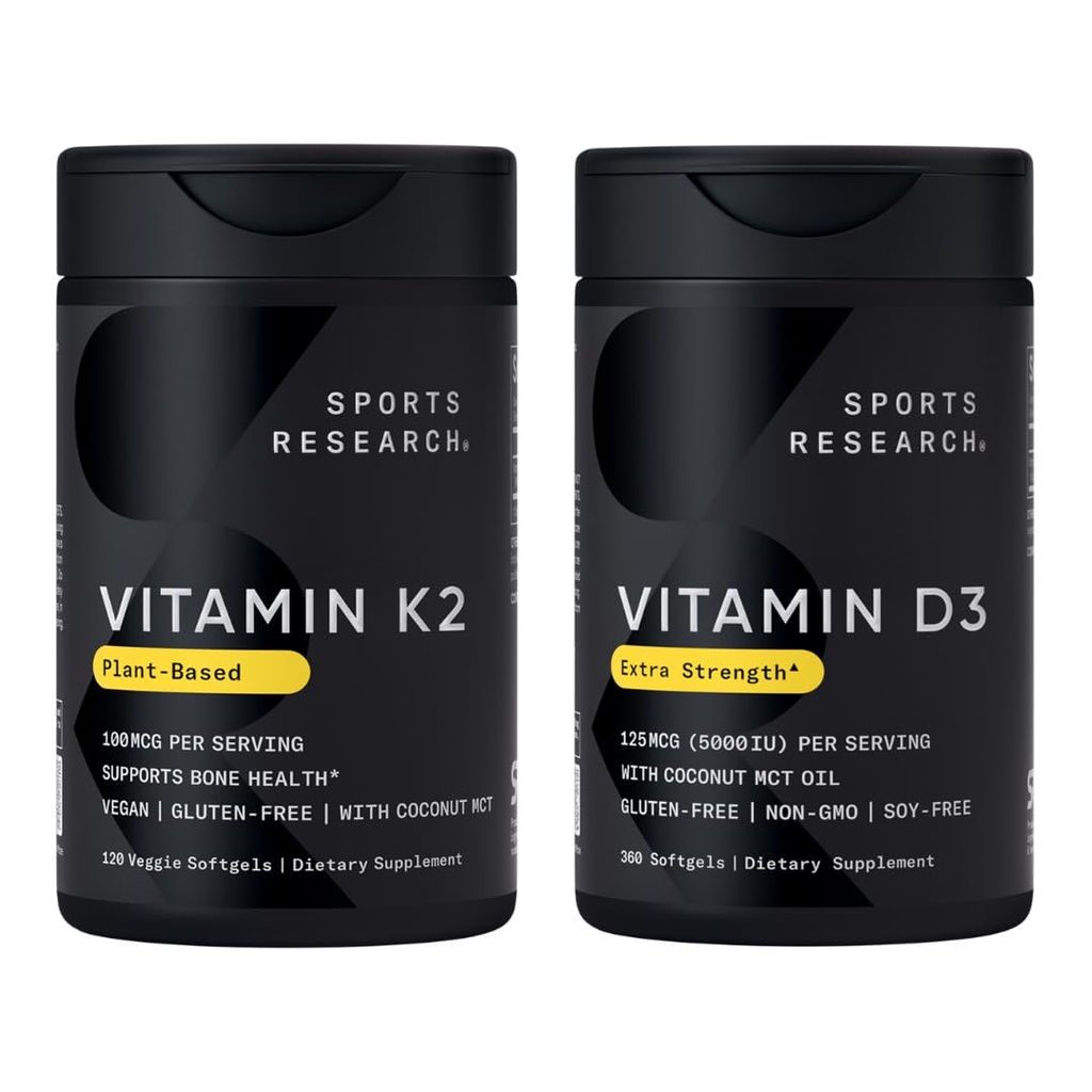 Sports Research® Heart and Bones Pack - High Potency Vitamin D3 5000iu (125mcg) Supplement + Vitamin K2 as MK-7 100mcg with Coconut MCT Oil
