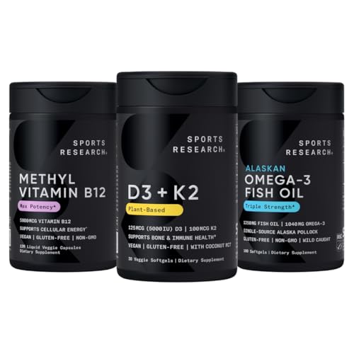 Sports Research® Multivitamin Pack - Vitamin D3 + K2 w/Coconut Oil 5000iu + Vitamin B12 as Methylcobalamin 5000mcg + Omega-3 Fish Oil 1250
