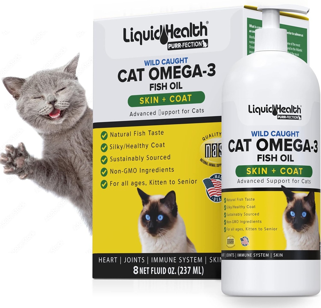 Salud Líquida Pets Wild Caught Omega 3 Fish Oil for Cats - Liquid Omega 3 Suplemento para gatos con EPA+DPA+DHA - Reducir el picor, Soporte Conjunto, Inmunity, Brain, Heart Health - Made in The USA (8 oz)