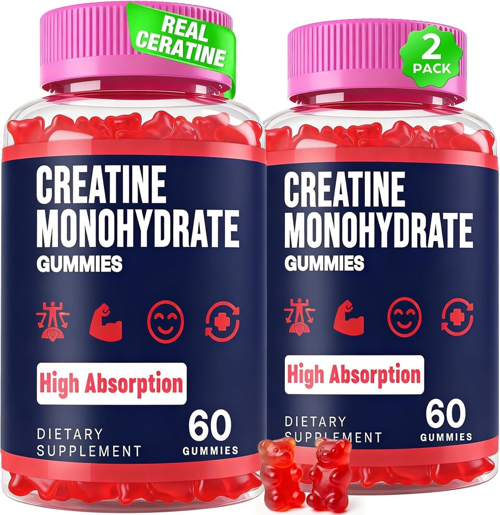Creatine Monohydrate Gummies for Women & Men, Creatine with Taurine & B6, Chewable Creatina Pre Workout Gummies for Max Strength & Muscle Growth, Energy, Endurance, Creatine for Men & Women - 2 Packs