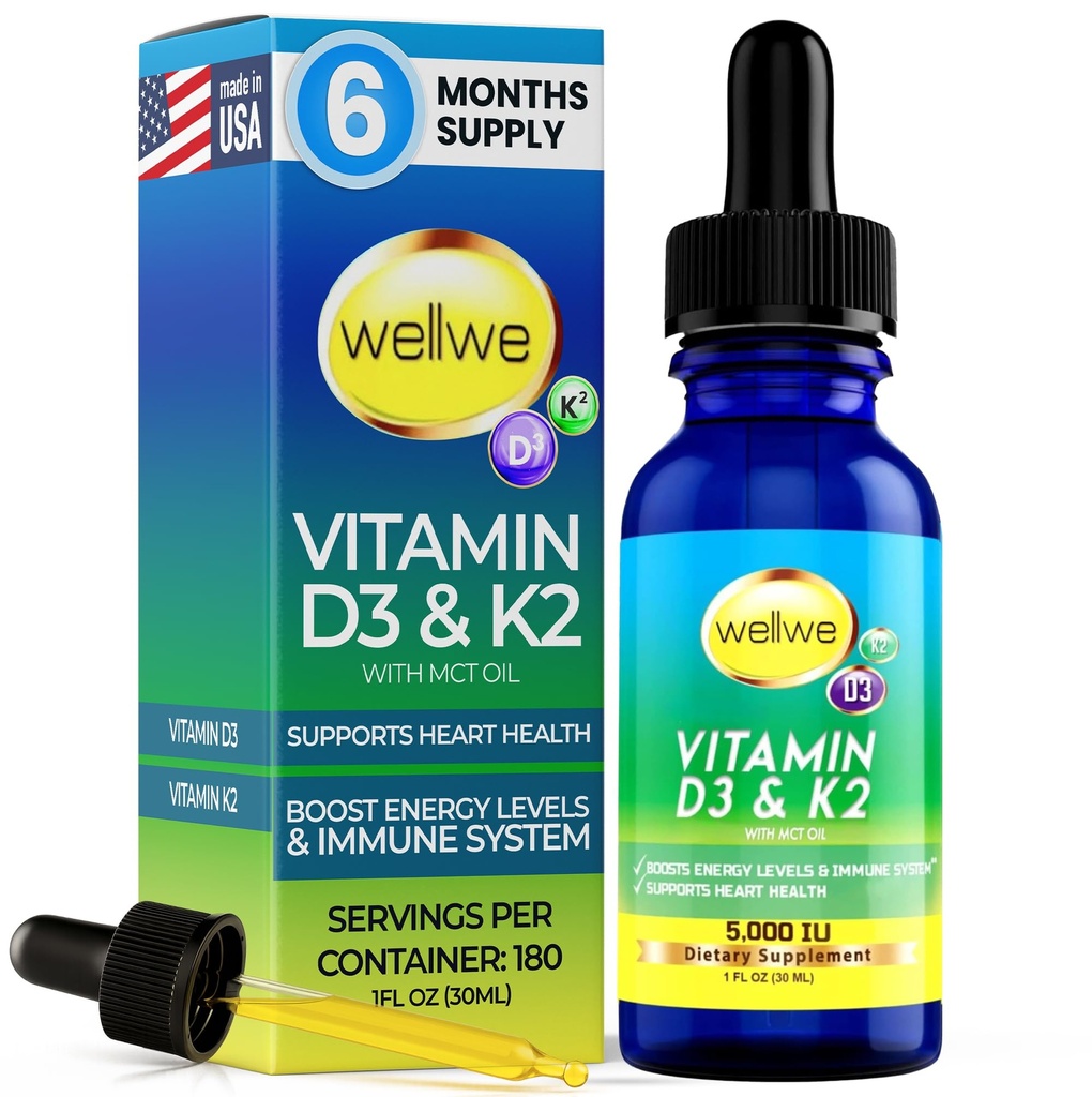 Vitamin D3 K2 Liquid Drops - Vitamin D3 5000 IU, Vitamin D Drops Adult, No Fillers, Non-GMO, No Taste, Liquid Vitamin d3 with k2 Supplement to Boost Energy Levels, Mood, Immune System, 1 fl oz