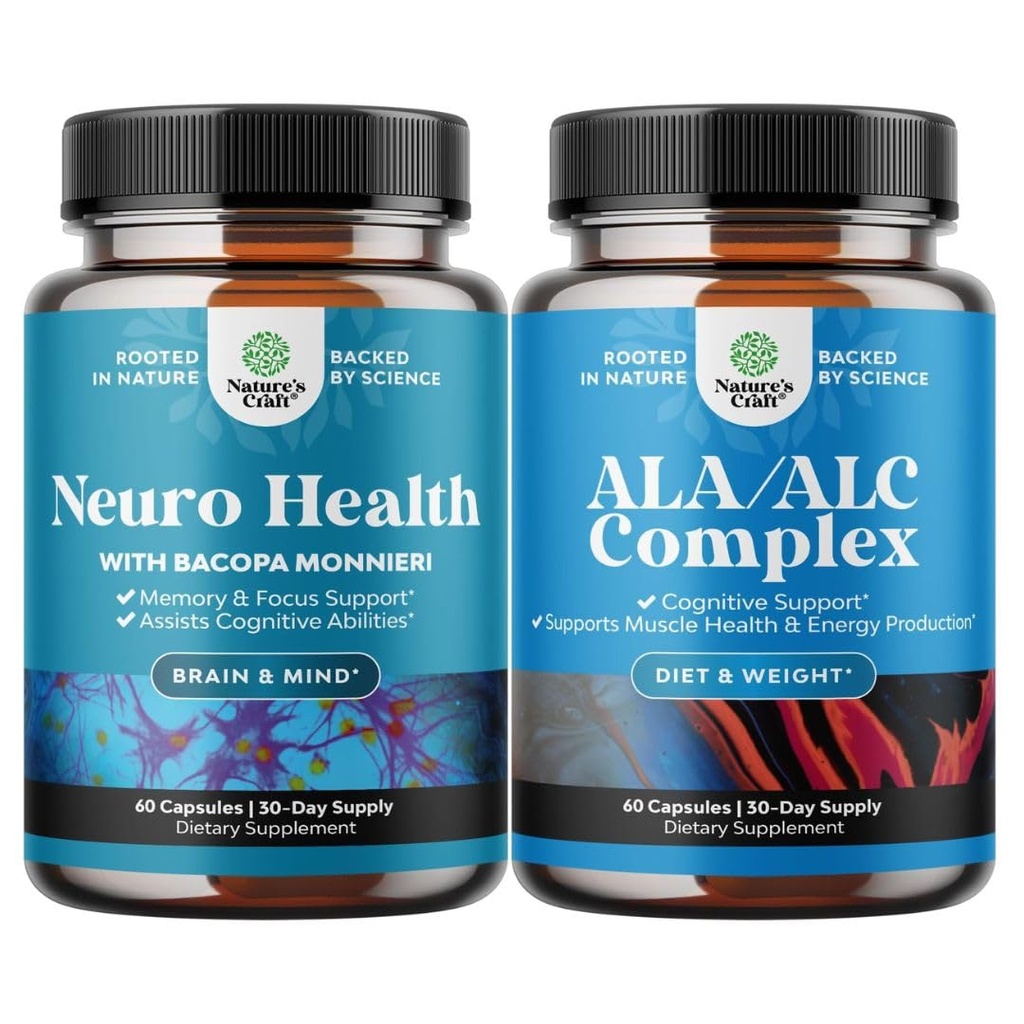 Bundle of Nootropic Brain Supplement for Memory & Focus with Bacopa Monnieri VIT A B6 Riboflavin Niacin Thiamin Folate and Pure Alpha Lipoic Acid Supplement - Acetyl L-Carnitine - ALA ALC Amino Acids