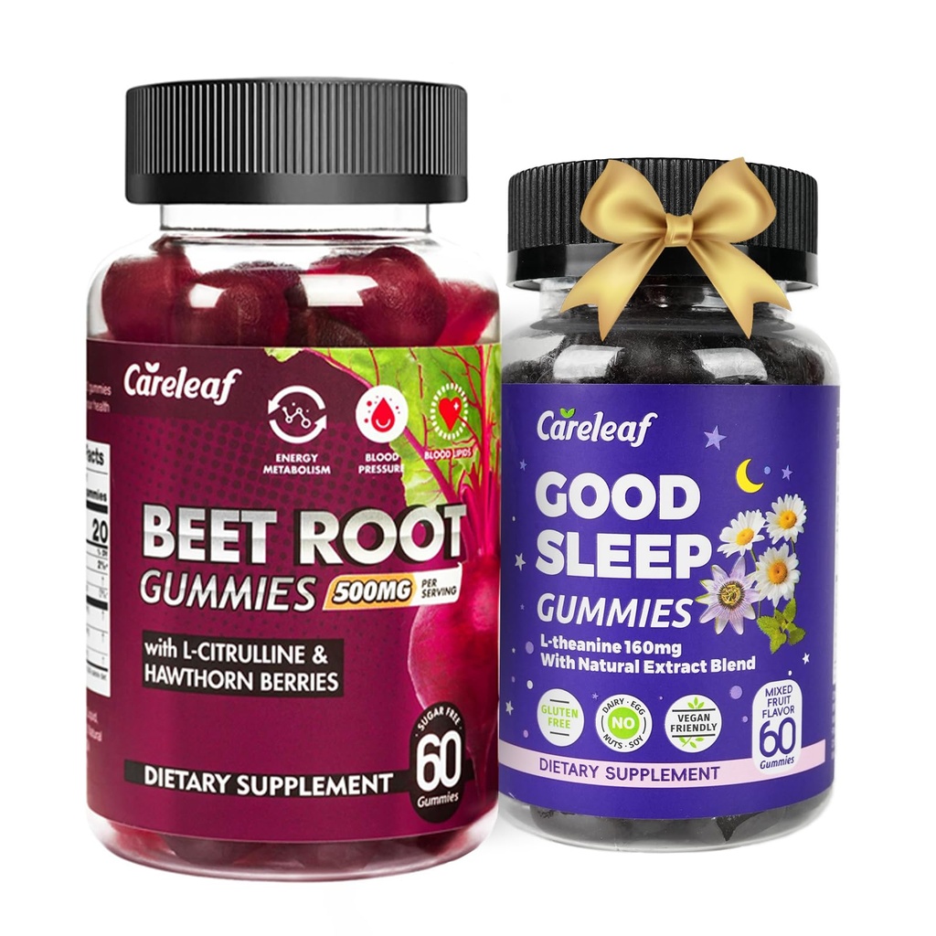 Value Pack: Sugar-Free Beet Root Gummies (L-Citrulline & Hawthorn) for Blood Pressure Support + Non-Melatonin Sleep Gummies (L-Theanine & Magnesium) for Restful Sleep – 120 Count