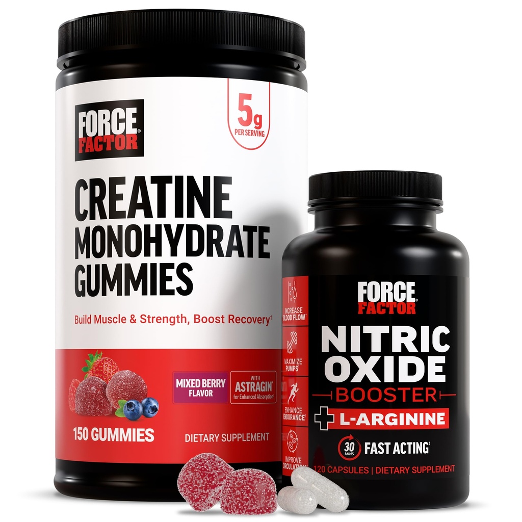 Factor de fuerza Gummies de Creatina, 5 Gramos de Monohidrato de Creatina, Berry mixto, 150 Gummies, 30 Servidores Nitric Oxide Booster, Fórmula de acción rápida con L-Arginina, 120 cápsulas