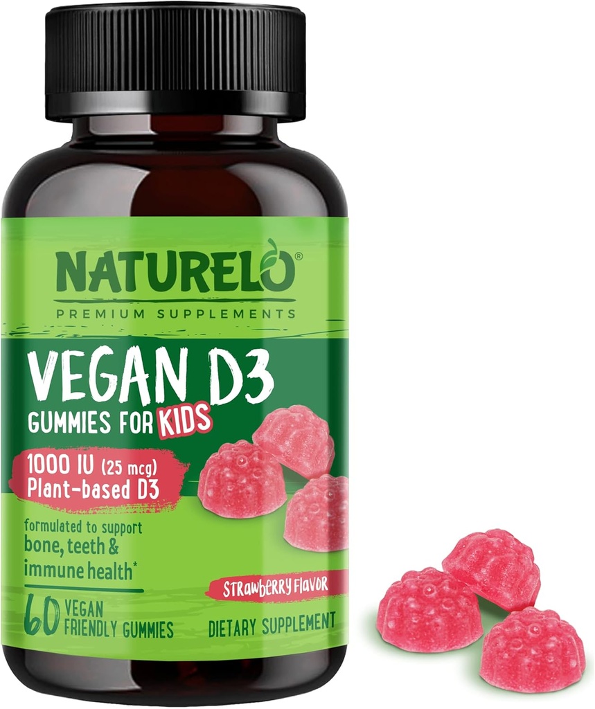 NATURELO Vegan D3 Gummies for Kids - 1000 IU Vitamin D3 - Plant-Based Whole Food Supplement for Children 4 and Older - 60 Vegan-Friendly Gummies