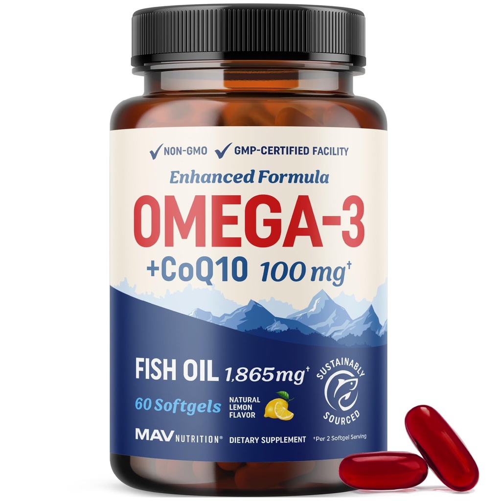 Omega 3 Fish Oil + Co Q10 | 1305MG Omega-3 with CoQ10 100MG for Heart Health, Cellular Energy, and Antioxidant Support | Co Q 10 + Omega3 | Coenzyme Q10 Fish Oil Supplements | Non-GMO | 60 Ct