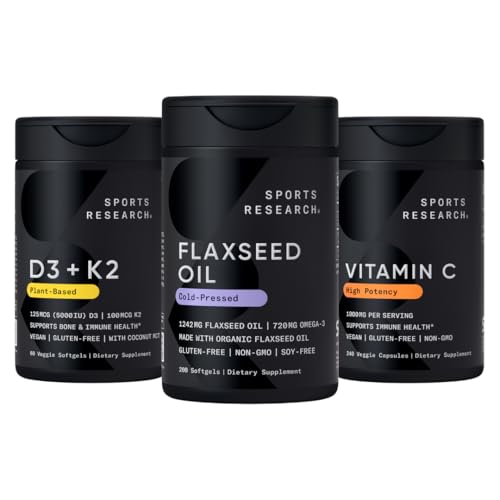 Sports Research® Vegan Multivitamins Pack - Cold-Pressed Flaxseed Oil w/ 720 mg Omega-3 + Vitamin D 5000iu & Mk7 Vitamin K 100mcg + High Potency Vitamin C 1000 mg Supplement