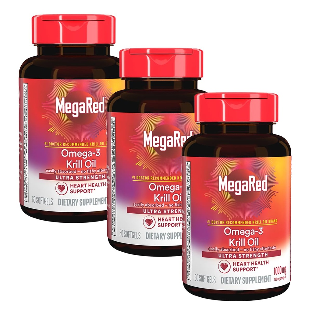 MegaRed Ultra Strength 1000mg Omega-3 Krill Oil Supplement with EPA/DHA, Astaxanthin & Phospholipids, No Fish Oil Aftertaste Supports Heart, Brain, Joint and Eye Health, 60 Count Softgels (3 Pack)