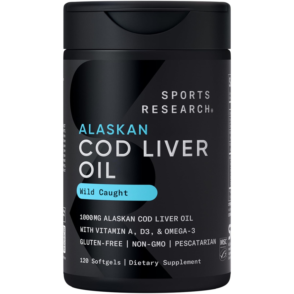Sports Research® Omega-3 Wild Alaskan Cod Liver Oil 1000mg with Vitamins A (1000 IU) & D3 (400 IU) - Burpless, Bovine Free, Non-GMO, & MSC Certified Sustainable - 120 Softgels
