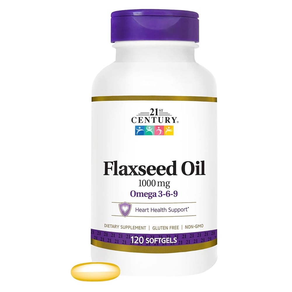 21st Century Flaxseed Oil 1000 mg Softgels (120-Count), Triple Omega 3-6-9 Fatty Acids for Heart Health Support, Gluten-Free & Non GMO Daily Dietary Supplement, No Artificial Flavors or Colors