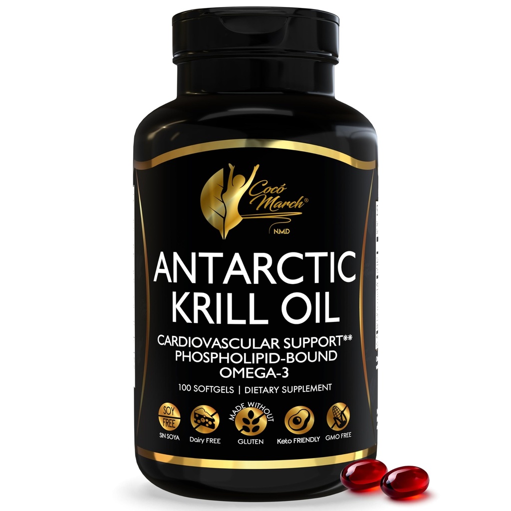 Cocó March N.M.D Pure Antarctic Krill Oil 1000mg – Omega 3 Fish Oil Supplement with EPA, DHA, Choline & Astaxanthin – Fast Absorption, Immune, Heart & Joint Support for Men & Women – 100 Softgels