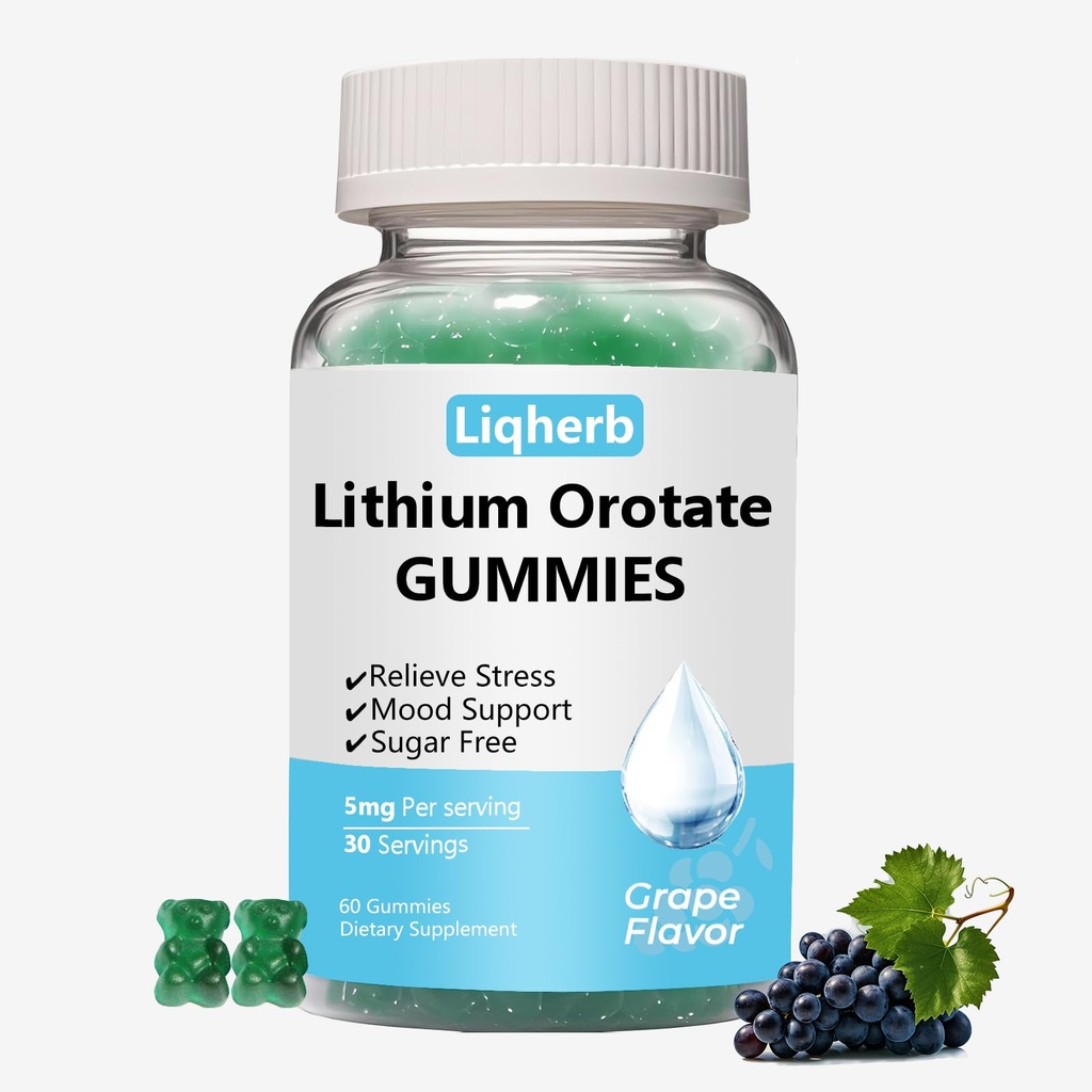 Lithium Orotate 5mg Gummies for Mood Support & Stress Management - Vegan Sugar-Free, Non-GMO, Gluten Free, Grape Flavor, 60