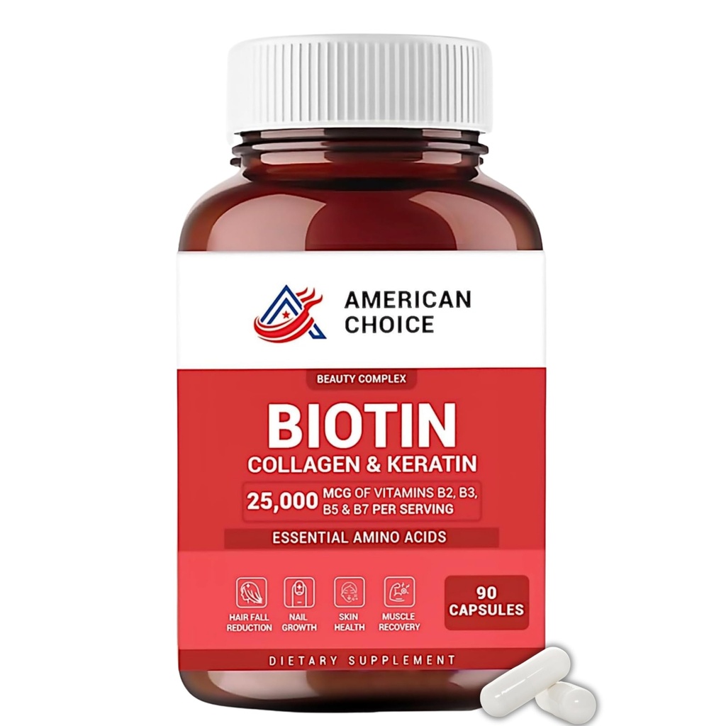 Biotin, Collagen, Keratin, Hair Vitamins Women and Men, Biotin for Hair Growth Women, Skin and Nails Supplement 25,000 mcg with B Vitamins, Amino Acids and Minerals, Skin and Nail Health, 90 Capsules
