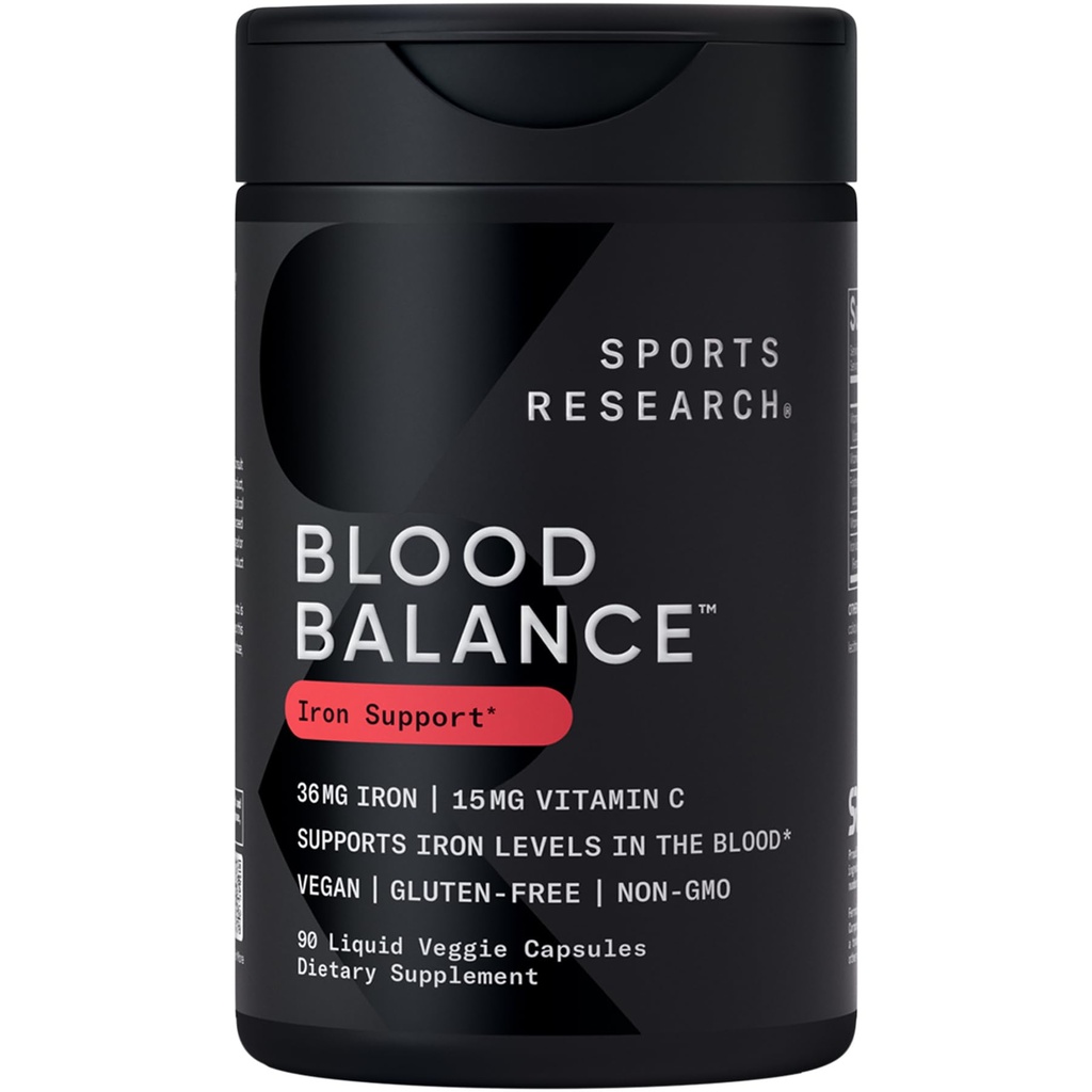 Sports Research® Blood Balance Iron Supplement - 36 MG Iron + Folate & Vitamin C for Absorption - Red Blood Cell Support for Women & Men* - Vegan Certified · Non-GMO · Gluten-Free - 90 Capsules