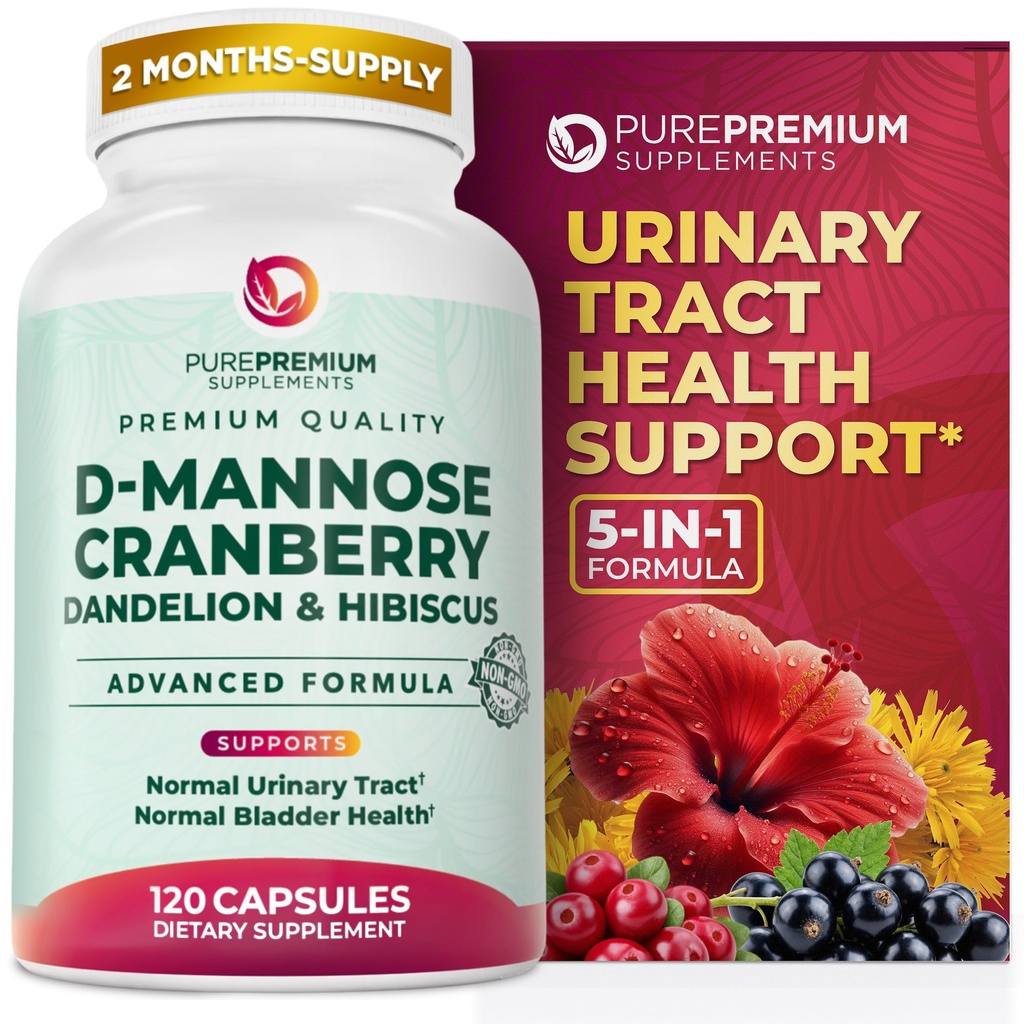 PurePremium D-Mannose with Cranberry, Hibiscus & Dandelion - 1000mg D-Mannose Supplements for Women Supports Urinary Tract Health & Bladder Health - Made in USA, Vegan, 120 Capsules, 2 Month Supply