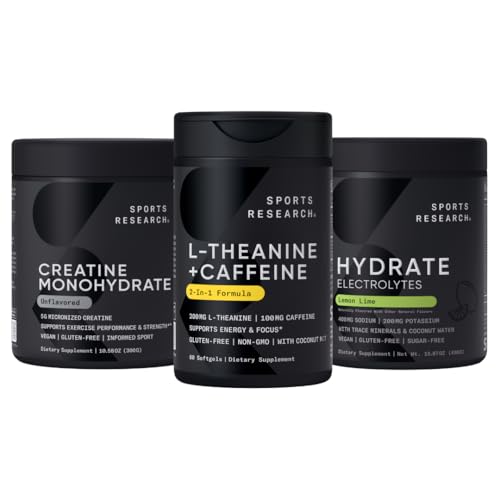 Sports Research® Pre Workout Pack - Creatine Monohydrate 10.58 oz + L-Theanine 200mg with Caffeine + Hydrate Electrolytes Lemon Lime
