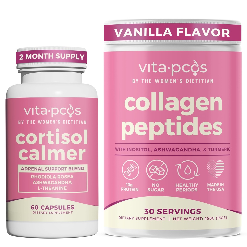 VITA-PCOS Cortisol Supplement & Collagen Peptides Protein Powder Bundle for Women – Promotes Energy, Endocrine, Hair, Skin, Nails & Weight - Rhodiola Rosea, Ashwagandha, Inositol, Turmeric – 2 Pack
