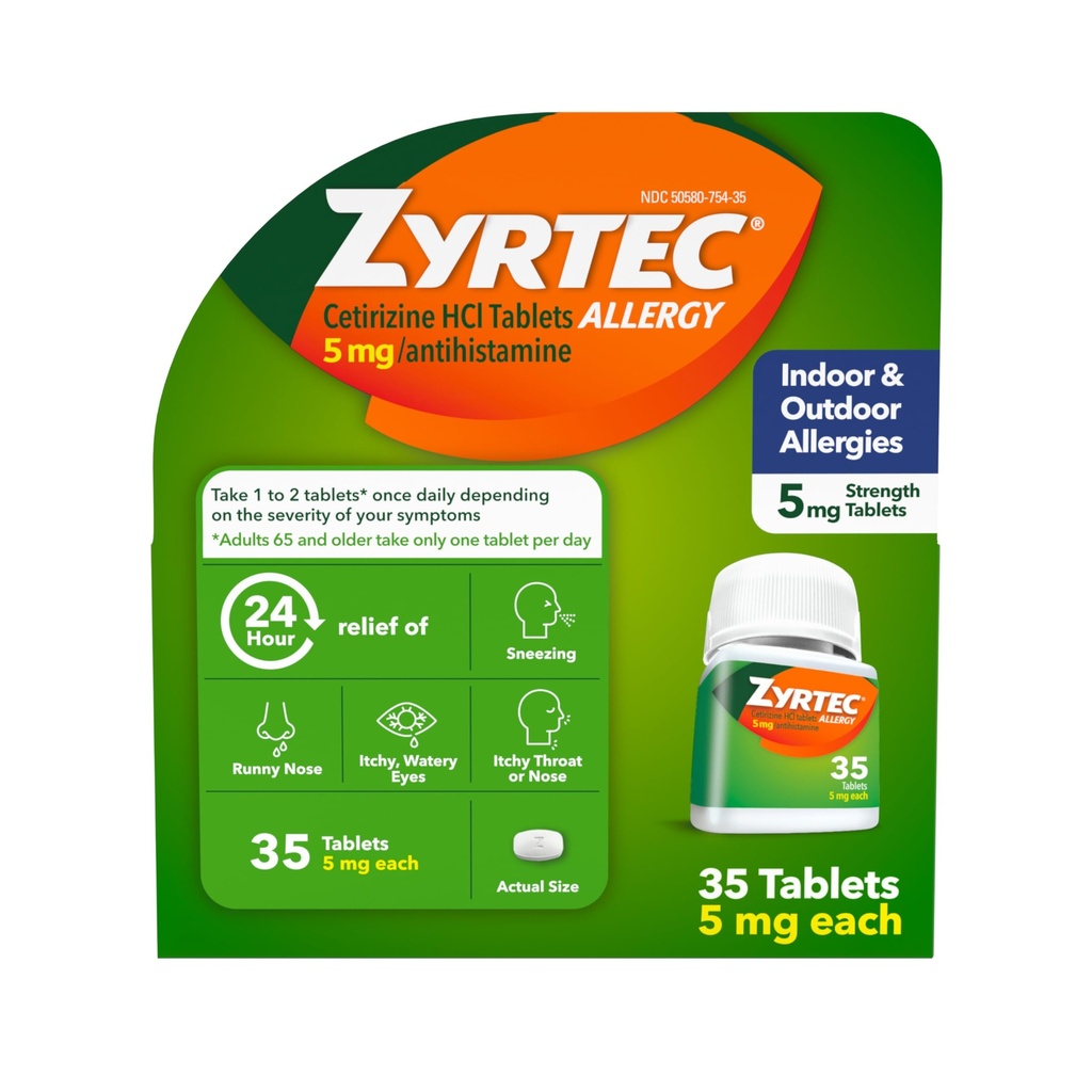 Zyrtec 24 Hour Allergy Relief Tablets, Indoor & Outdoor Allergy Medicine for Adults with 5 mg Cetirizine Hydrochloride, Relief of Runny Nose, Sneezing, Itchy Eyes, Plus Dust, Mold & Pet Dander, 35 ct