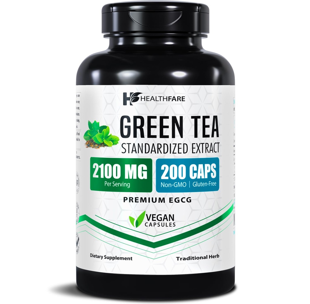 Healthfare Green Tea Extract Pills 2100mg | Supplement Standardized with EGCG & Polyphenols | 200 Vegan Capsules | Extra Strength Antioxidant Support | Non-GMO, Gluten-Free | Made in USA