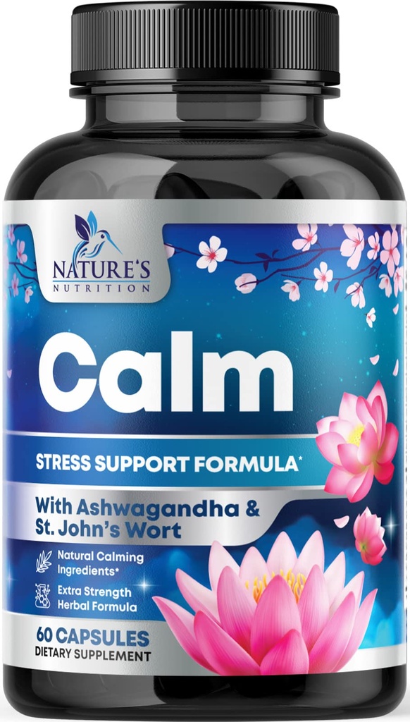 Natural Calma, Relájate y Relájate - Ashwagandha, GABA, Magnesium, L-Theanine &amp; More - Natural Focus, Energy &amp; Immune Support - Nature's Non-GMO, Vegan, Gluten Free, Bottled in USA - 120 cápsulas