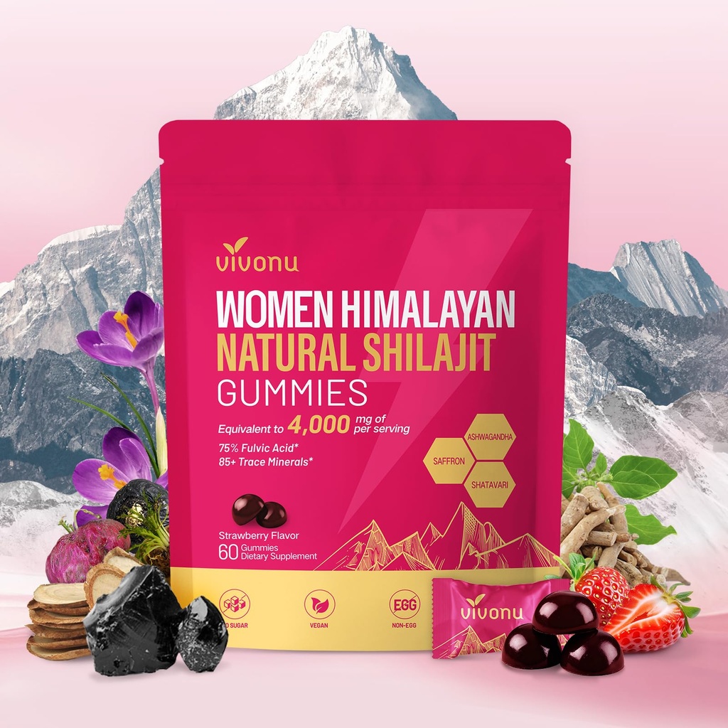 VivoNu Himalayan* Shilajit* Gummies with Ashwagandha* & Gokshura | 85+ Trace Minerals & Fulvic Acid | Organic, Micronutrient Supplement for Men & Women (Women 4000mg / 1 Bag)