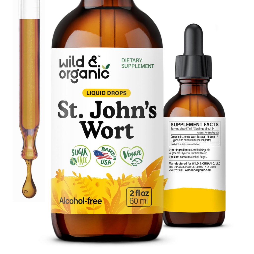 Wild & Organic St Johns Wort Tincture - Mood Support - Relaxing St. John's Wort Suplemento - Liquid Hypericum Perforatum Herb Drops - Vegan, Sugar &amp; Alcohol-Free - 2 fl oz
