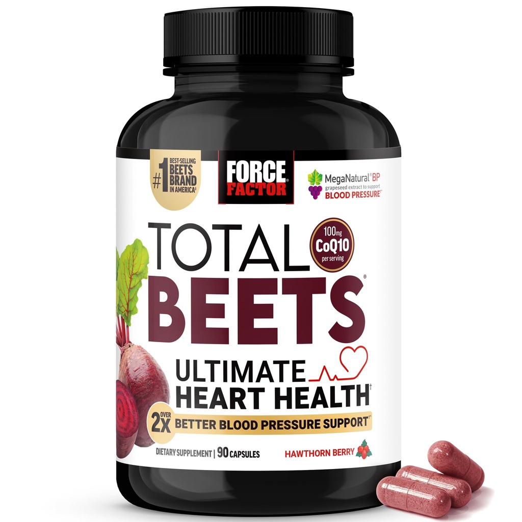 Force Factor Total Beets Ultimate Heart Health, Beet Root Capsules for Blood Pressure Support, CoQ10, Organic Beet Root Powder, Hawthorn Berry to Support Nitric Oxide & Blood Flow, 90 Capsules