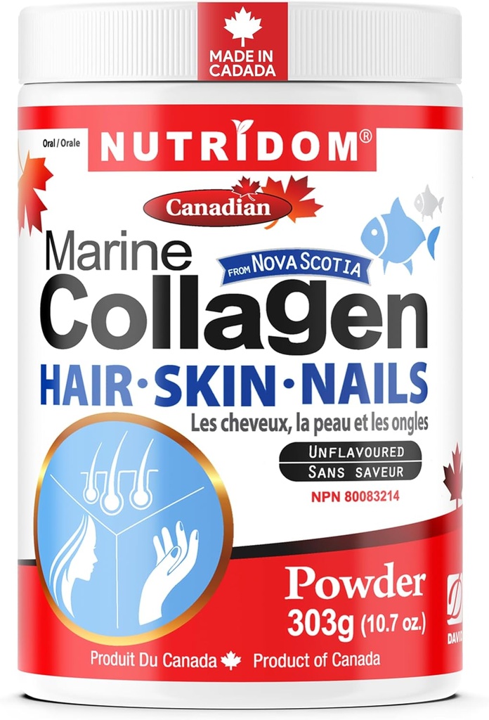 Nutridom Hydrolyzed Marine Collagen Peptides Powder, Wild-Caught from Nova-Scotia, Supports Hair, Skin & Nails, Non-GMO, Free of Gluten, Soy & Dairy (303 g)